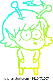 cold gradient line drawing of a cartoon alien girl