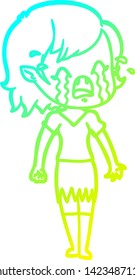 dibujo en línea de gradiente frío de una niña vampiro que llora una caricatura