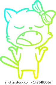 cold gradient line drawing of a cartoon yawning cat shrugging shoulders