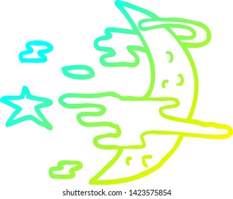 dibujo de línea de gradiente frío de una luna espeluznante de dibujos animados y nubes