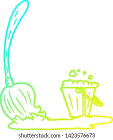 cold gradient line drawing of a cartoon mop and bucket