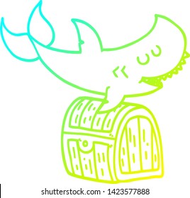 cold gradient line drawing of a cartoon shark swimming over treasure chest