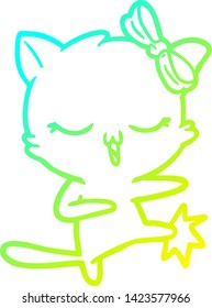 cold gradient line drawing of a cartoon cat with bow on head