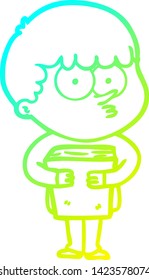 cold gradient line drawing of a cartoon curious boy holding a book
