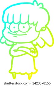 cold gradient line drawing of a cartoon smiling woman