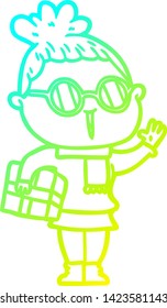 cold gradient line drawing of a cartoon woman wearing spectacles