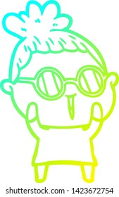 cold gradient line drawing of a cartoon woman wearing spectacles