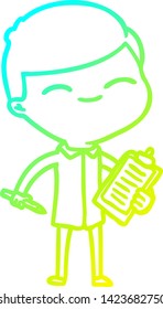 cold gradient line drawing of a cartoon smiling man with clip board