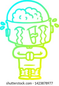 cold gradient line drawing of a cartoon crying robot