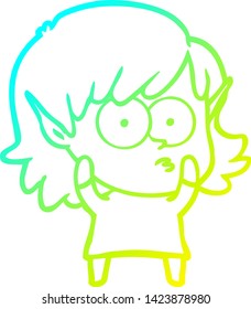 cold gradient line drawing of a cartoon elf girl staring