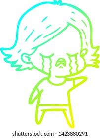 desenho de linha de gradiente frio de uma menina de desenho animado chorando