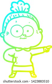 cold gradient line drawing of a cartoon happy old woman