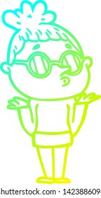 cold gradient line drawing of a cartoon woman wearing glasses