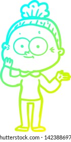 cold gradient line drawing of a cartoon happy old woman
