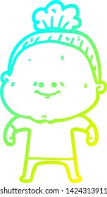 cold gradient line drawing of a cartoon happy old woman