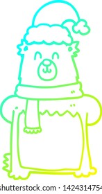 cold gradient line drawing of a cartoon bear wearing christmas hat