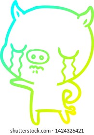 cold gradient line drawing of a cartoon pig crying
