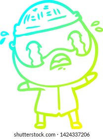 cold gradient line drawing of a cartoon bearded man crying