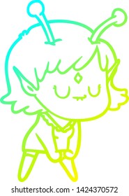 cold gradient line drawing of a cartoon alien girl doing muscle pose