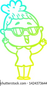 cold gradient line drawing of a cartoon happy woman wearing spectacles