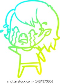 cold gradient line drawing of a cartoon crying vampire girl