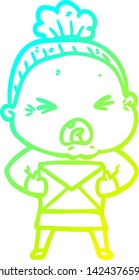 cold gradient line drawing of a cartoon angry old woman