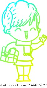 cold gradient line drawing of a cartoon laughing woman