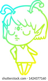 cold gradient line drawing of a cartoon alien girl