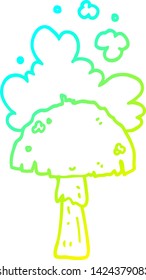 cold gradient line drawing of a cartoon mushroom with spore cloud