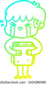 cold gradient line drawing of a cartoon boy crying