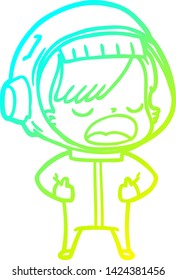 cold gradient line drawing of a cartoon astronaut woman explaining