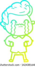 dibujo de una línea de degradado frío de un hombre de dibujos animados llorando