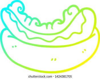 dibujo de línea de degradado frío de un hotdog de caricatura en un bollo