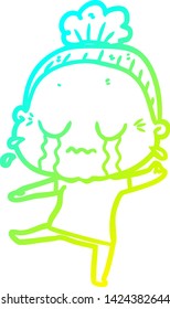 cold gradient line drawing of a cartoon crying old lady
