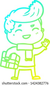 cold gradient line drawing of a cartoon man laughing carrying parcel
