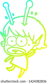 cold gradient line drawing of a cartoon shocked alien girl