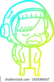 cold gradient line drawing of a cartoon astronaut woman explaining