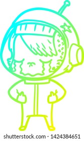 cold gradient line drawing of a cartoon crying astronaut girl