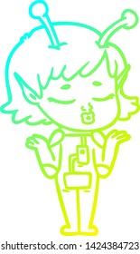 cold gradient line drawing of a cartoon alien girl