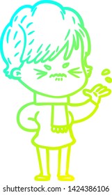 cold gradient line drawing of a cartoon frustrated woman