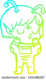 cold gradient line drawing of a cartoon alien girl