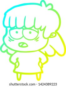 cold gradient line drawing of a cartoon tired woman