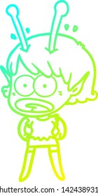 cold gradient line drawing of a cartoon shocked alien girl
