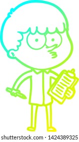 dibujo de línea de gradiente frío de un niño curioso de dibujos animados tomando notas