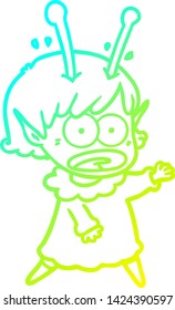 cold gradient line drawing of a cartoon shocked alien girl