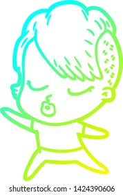 cold gradient line drawing of a cartoon pretty hipster girl