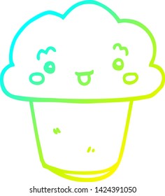 cold gradient line drawing of a cartoon cupcake with face