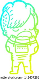 cold gradient line drawing of a cartoon cool hipster girl in space suit