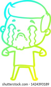 dibujo de una línea de degradado frío de un hombre de dibujos animados llorando