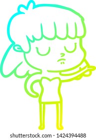 cold gradient line drawing of a cartoon indifferent woman